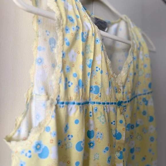 Vintage Cottagecore Pajama Set Yellow & Blue Floral Lace Ribbon Bow PJ Set - Picture 4 of 5